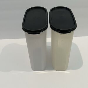 Tupperware Set of 2 Modular Mates Oval #4 Container Black Seal Lid Clear Labels